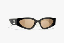 CHANEL CAT EYE SUNGLASSES BLACK/MILKY WHITE FRAME BROWN LENS CH6056 140mm