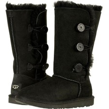 NEW UGG Kids Youth Bailey Button Triplet II Black Youth Tall Sheepskin Foldable