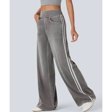 NWOT Halara Flex Women High Waisted Stripe Wide Leg Flowy Jeans L Tall Gray