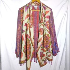 Soft Surroundings Floral Embroidered Fringe Wool/Rayon Open Cardigan Sweater Sm