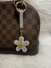 Rhinestone Flower Key Chain Keyring Bag Charm With Wristlet Strap Metal Silver