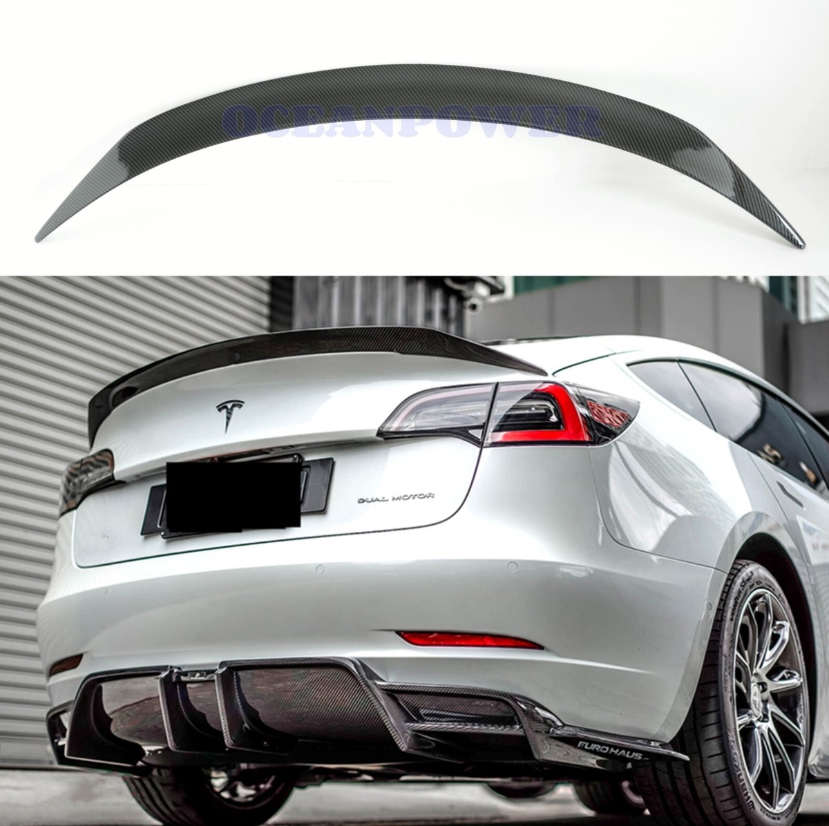 Black Tesla Model 3 With Gloss Carbon Fiber Trunk Wing Spoiler By T Sp - T Sportline - Tesla Model S, 3, X & Y Accessories
