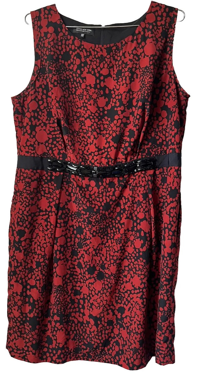 Jones New York Dress Women's 20W Red Black Abstract Print Sleeveless Belted