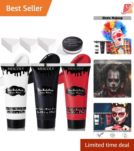 Face Paint Set Cream 3 Colors Black White Red with Sponges for Halloween Makeup