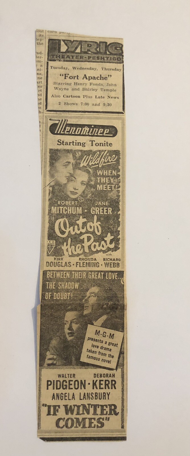 Vintage Movie Theater Showings Out of The Past Kirk Douglas Newspaper Ad 0C25
