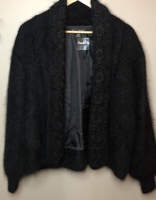 Connie A Lee Angora Sweater Lined Cardigan Black S/M Embellished Soft Fuzzy  NWT