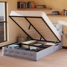 Full Size Bed Frame Upholstered Platform Bed Frame w/ Headboard & USB Ports