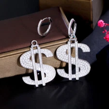 Silver Plated CZ Big Dollar Letter Charm Drop Dangling Earrings for Women Brides