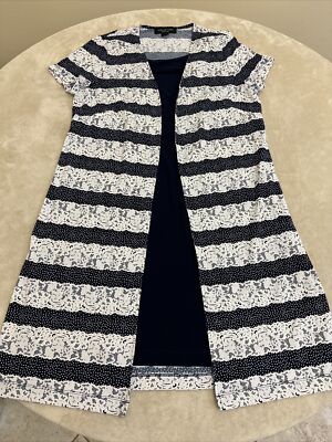 PERCEPTIONS Womans Navy Blue White ATTACHED CARDIGAN Dress Size Medium