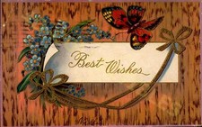 Vintage Postcard Greeting Card Butterflies and Blooms Best Wishes Card