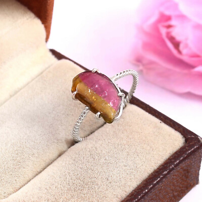 Natural Bi Color Tourmaline Fancy Shape Slice Gemstone Ring, 925 Sterling Silver