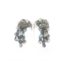 Miriam Haskell Unsigned Waterfall Chandelier Dangle AB Crystal Clip on Earrings