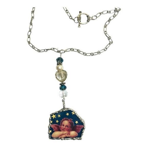 Cherub Broken China Pendant Caged in Silver Blend Metalwork with Crystal Beads - Picture 10 of 15
