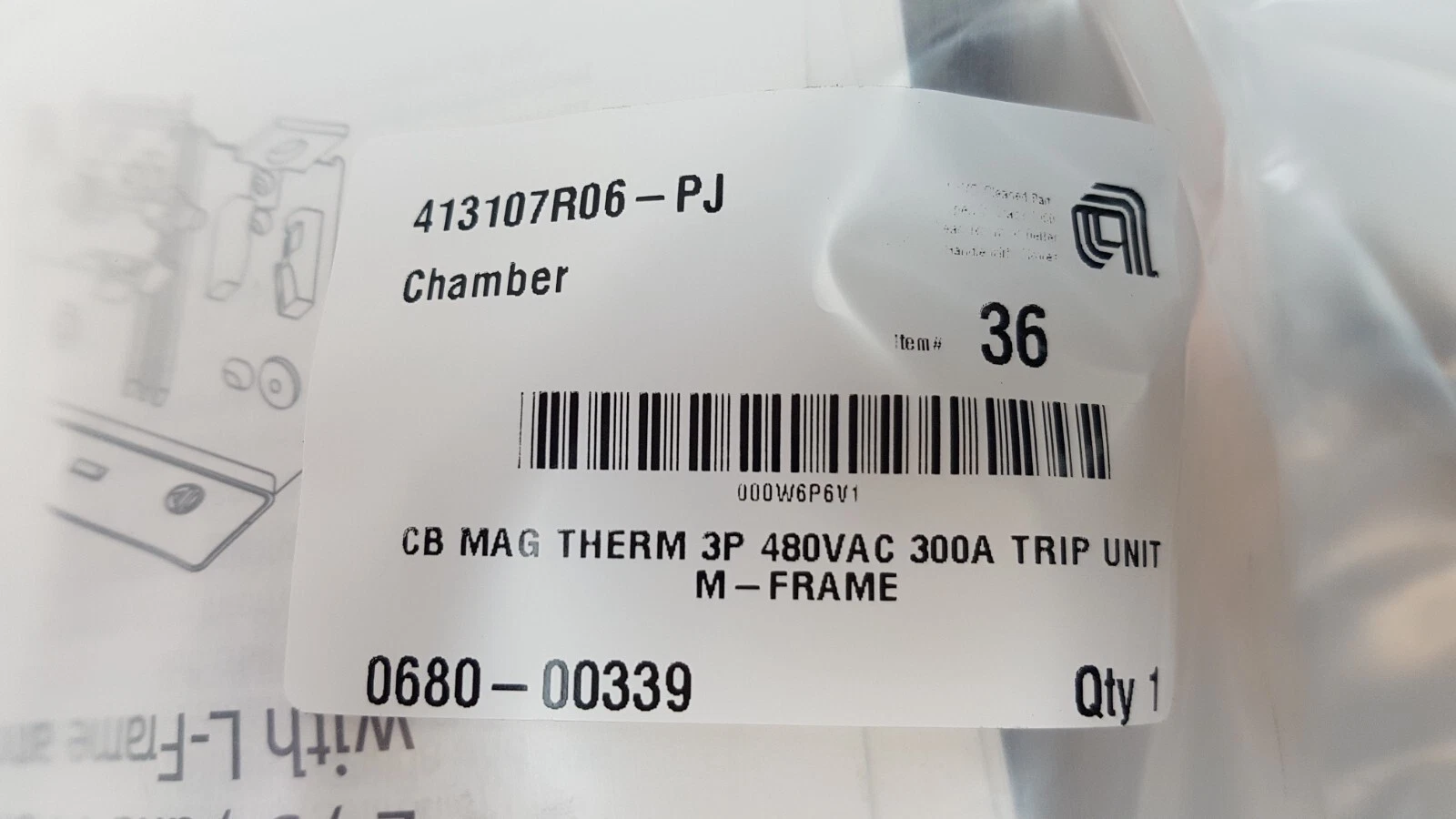 AMAT label: 0680-00339 CB MAG THERM 3P 480VAC 300A TRIP UNIT M-FRAME, Qty 1