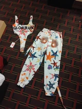 TWO PIECE BODYSUIT WITH OCEAN PRINT PANT Size MEDIUM NEW WITH TAGS