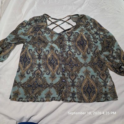 Doe & Rae Paisley Print Lattice Back Button Down Blouse Blue Tan Large