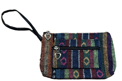 Woven Wristlet Coin Purse Pouch Geo Multicolored Double Zipper Closure Lined NEW