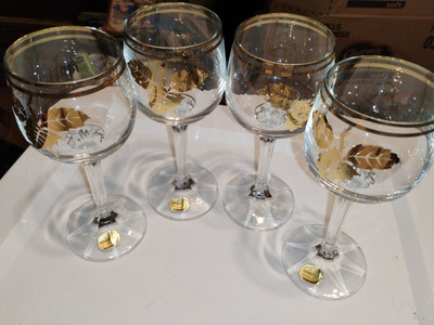 Bohemia Gold Leaf Etched Stemmed Wine Glasses Set of 3 Decorated Barware