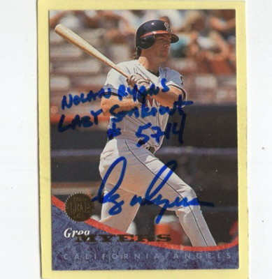 Autographed Greg Myers Nolan Ryans Last Strikeout #5714 added 1994 Leaf Angels