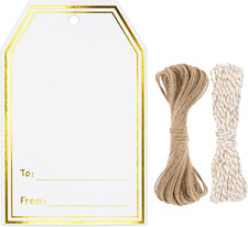 Gift Tags with String, Gold Foil Gift Name Tag, 100PCS to and from Tags, Writabl