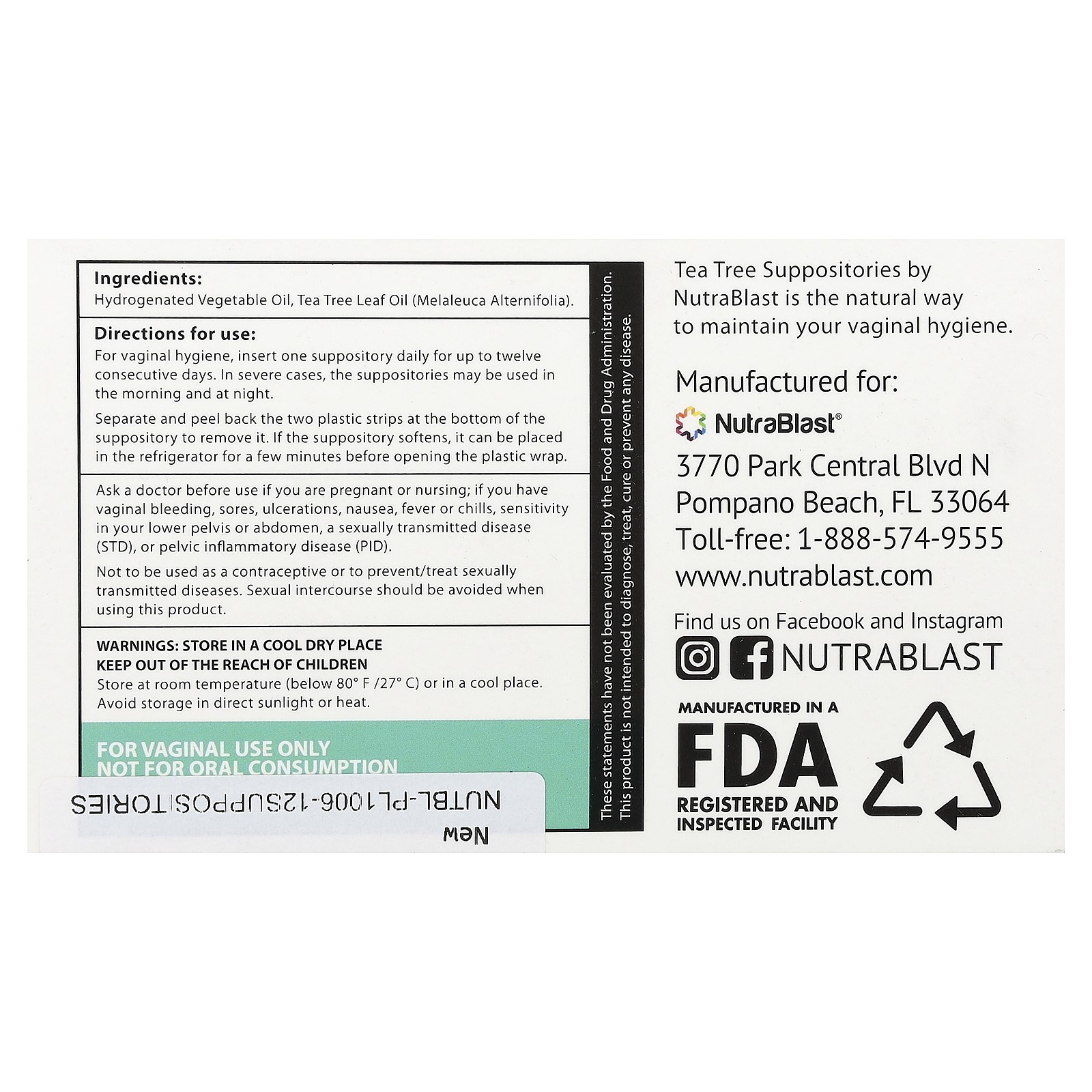 Tea Tree Suppositories, 12 Vaginal Suppositories