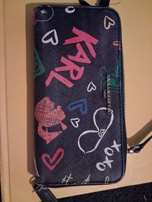 KARL LAGERFELD PARIS Zip-Around Wallet Credit Card Black Multicolor Heart