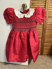Vintage Girls Smocked Red Holiday Dress Puff Sleeve Embroidered With Collar