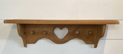 Wood Wall Mounted Shelf, Heart Cutout, 4 Pegs, 23 1/2 in L, 7 in H, 5 1/2 D