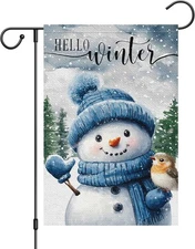 Hello Winter Snowman Garden Flag 12x18 Inch Double Sided for Outside, brown 