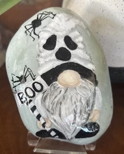 Hand Painted Rock "Halloween Ghost Gnome" Collectible Garden Outdoor Art