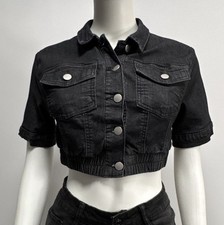 Womens Black Solid Cropped Short Sleeve Butto...