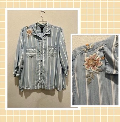 Ali Miles Striped Chambray Shirt Embroidered Flowers Button Front Women s Sz 2X