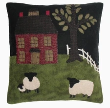 Primitive Red Saltbox & Sheep Green Pastures Pillow Wool Felt 14" Raghu NEW