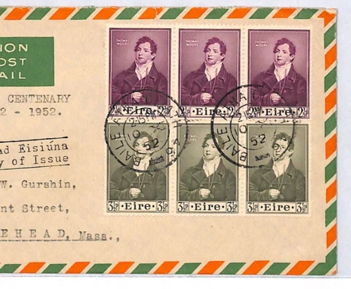 Ireland EIRE 1952 FDC *THOMAS MOORE* Set STRIPS First Day Cover Air USA YH308