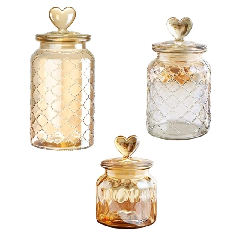 3pcs Decorative Embossed Glass Jars with Heart Shaped Lids Storage Container