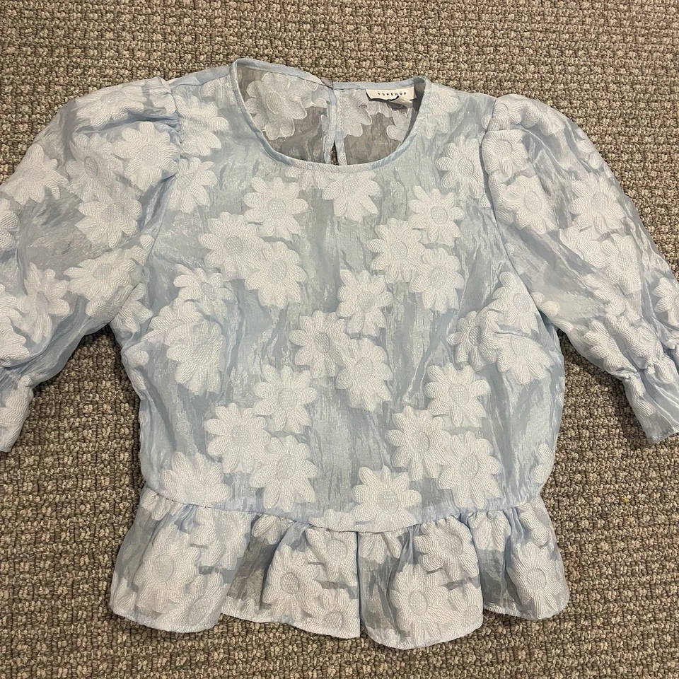Camisa TOPSHOP Mujer 8 Texturizada Bebé Azul Floral Manga Abullonada Blusa Semi Transparente Foto 3 de 4