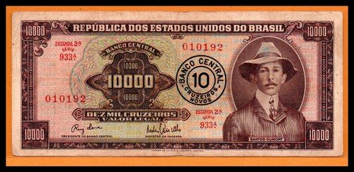 Brazil VF Note 10 Cruzeiros Novos ND (1967) Overprint on 10000 Cruzeiros P-190a. - Picture 1 of 2