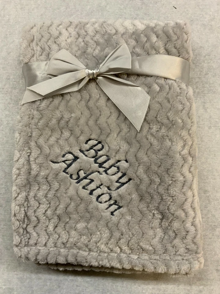 Personalised Baby Girl Boy Unisex Blanket Embroidered Name Grey Pink Blue White - Image 4 of 4