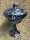 Vintage Indiana Glass Harvest Grape Blue Carnival Pedestal Wedding Bowl
