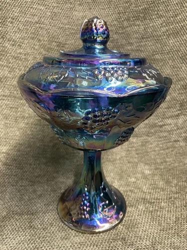 Vintage Indiana Glass Harvest Grape Blue Carnival Pedestal Wedding Bowl