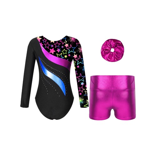 Girls Outfits High Waist Dance Set Long Sleeve Dancewear Skating Headwear Kids - Picture 24 of 58