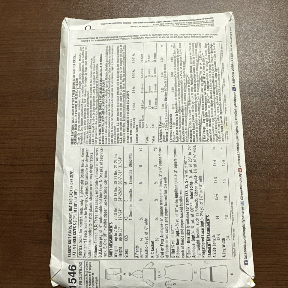 Simplicity 1546A Baby Infant Pants Jacket Hat Sack XXS -L Owl Frog 0-18 Months - Image 2 of 2