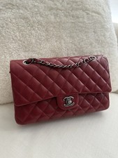 Chanel Classic Double Flap Bag RARE Gunmetal Dark Red Quilted Calfskin Leather