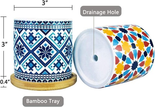 6 Pack Mandala Succulent Plant Pot With Bamboo Trays Ceramic Multicolored Succul - Picture 3 of 3