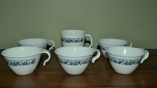 SET (6) VINTAGE CORELLE CORNING OLD TOWN BLUE FLAT CUPS MUG HOOK HOLD