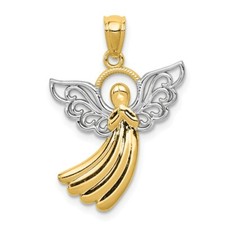 14K or Jaune et Blanc Filigrane Diamant Coupe Joli Ange Gardien Solide Pendentif
