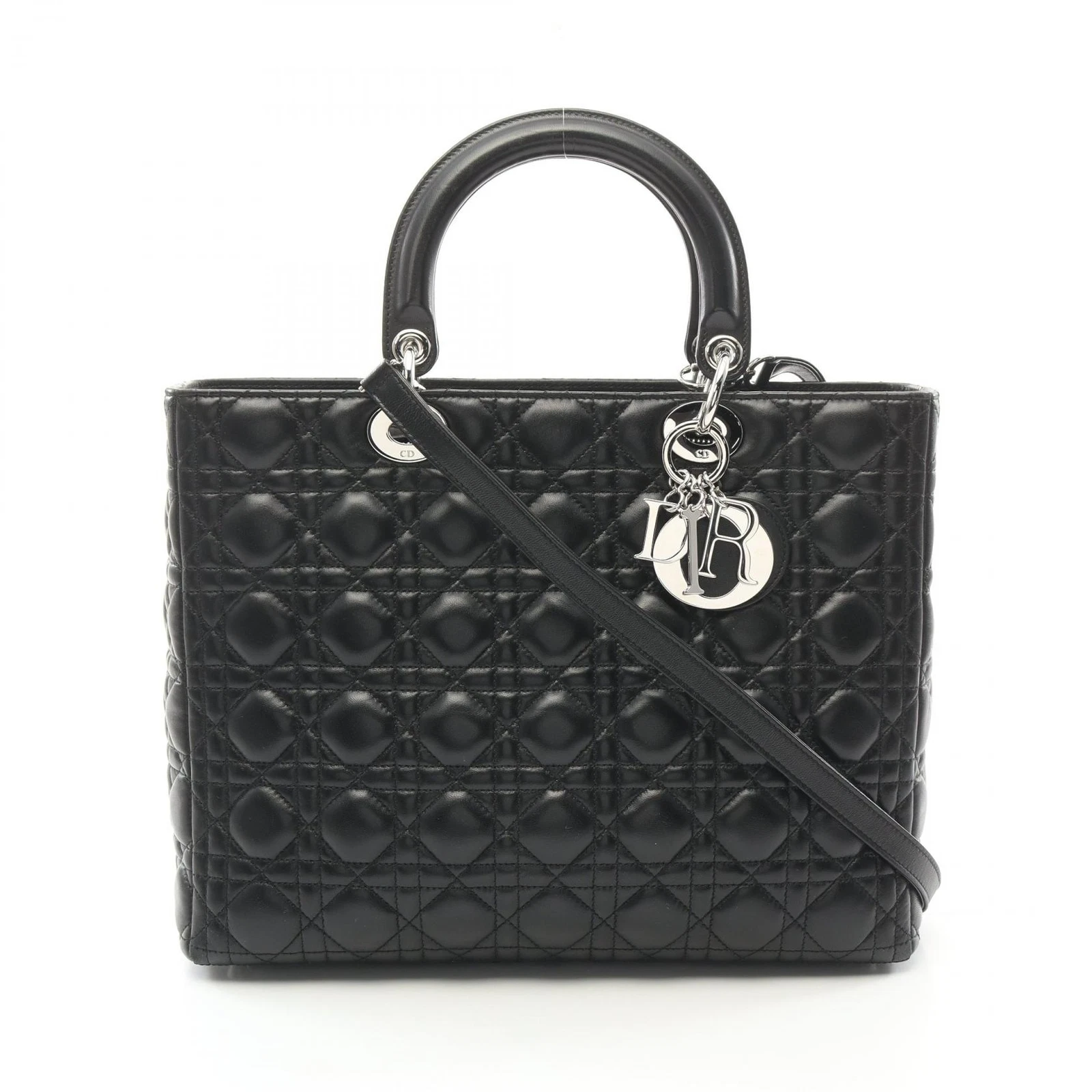 Grand sac fourre tout Christian Dior Lady Dior Cannage bandoulière main cuir noir