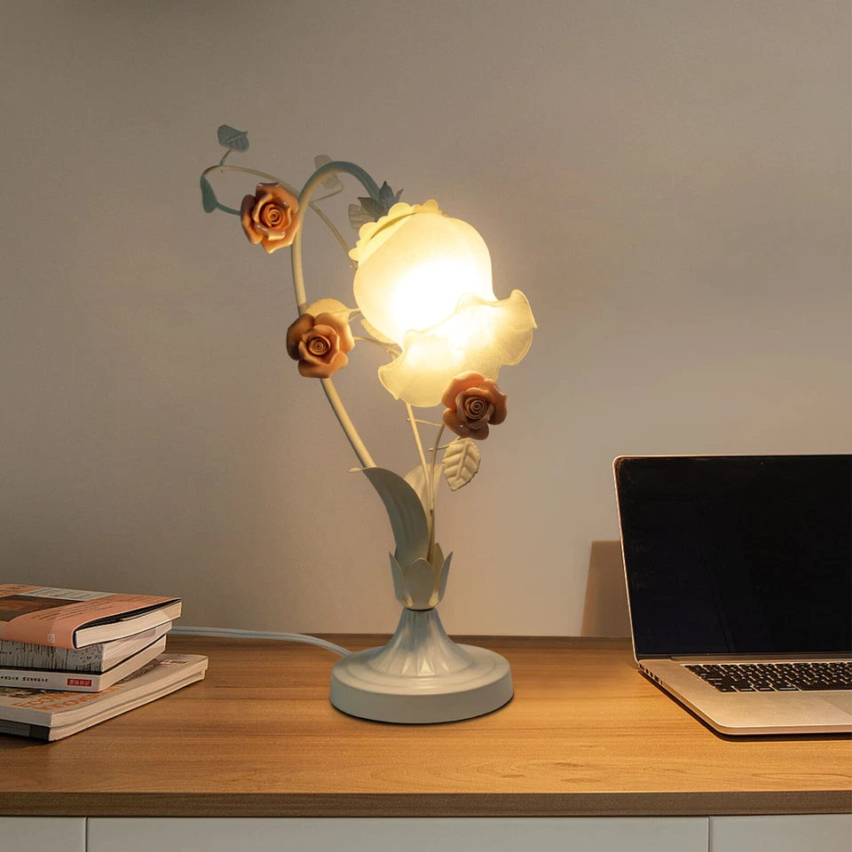 Lámpara de mesa rosa con flores Lámpara de noche Lámpara de escritorio de vidrio floral LED E26 EE. UU. Foto 2 de 4