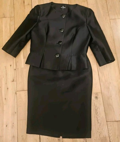 Hobbs Black Pencil Skirt Suit Size 12 14 Satin Peplum Wool/ Silk Blend