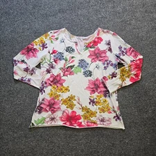 Tempo Paris Top Womens Size Small White Pink Floral Henley Long Sleeve Casual